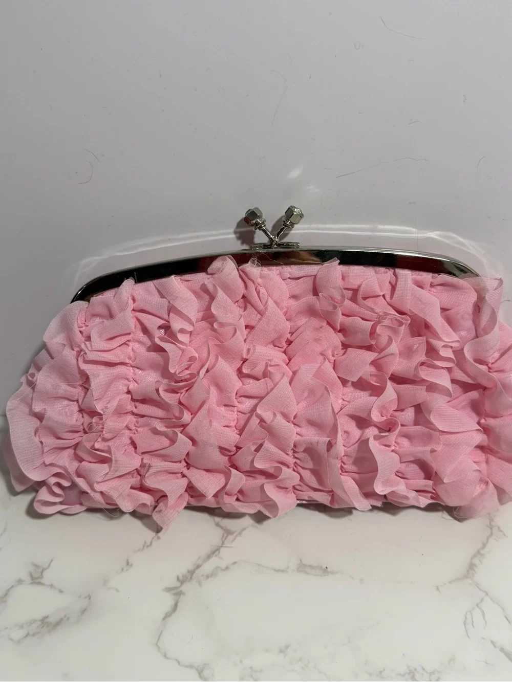 Pink Ruffle Evening Clutch/Crossbody Crystal Embellished Kiss-Lock Handbag